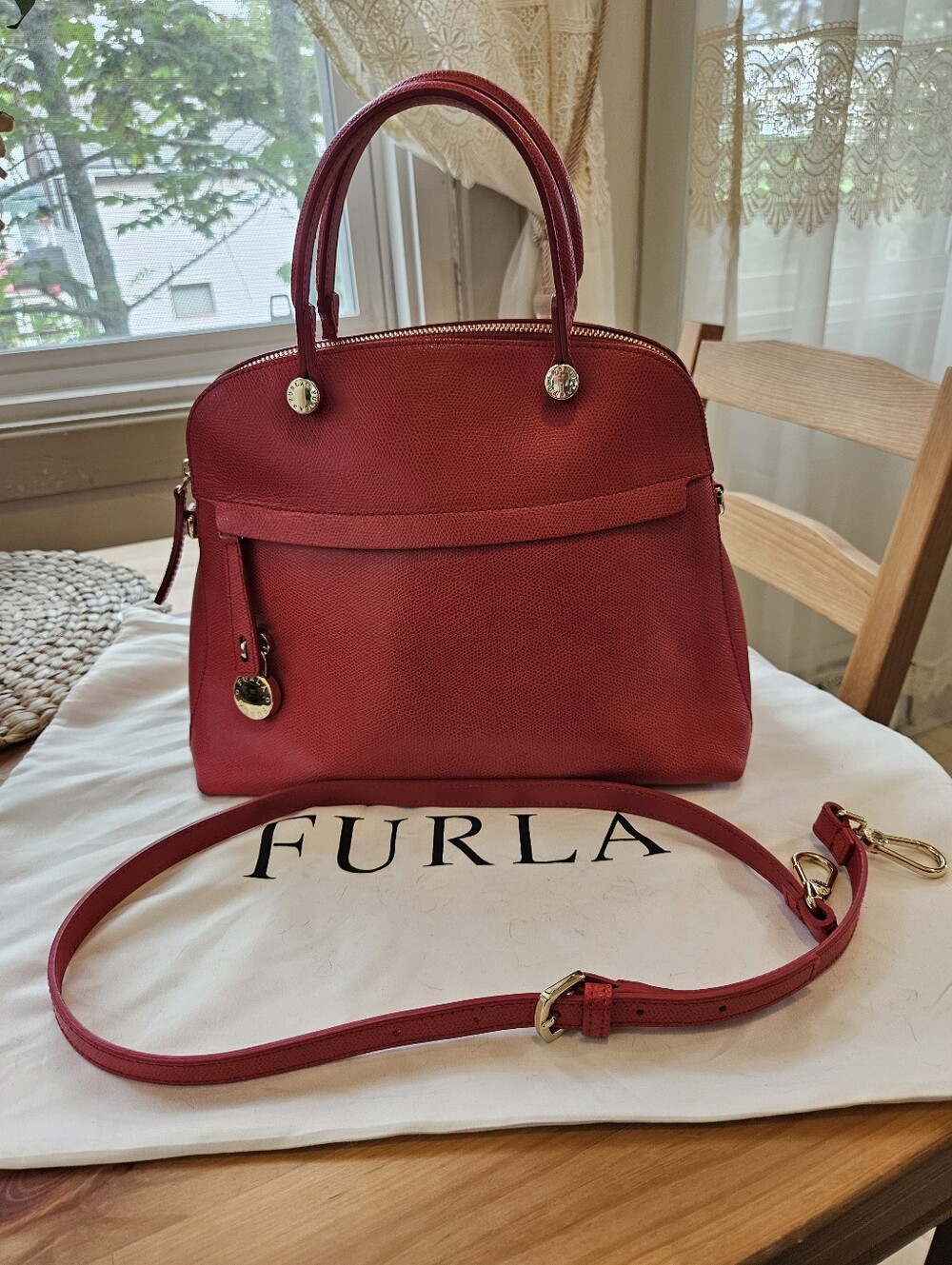 FURLA Piper L Red Leather Satchel Bag with Shoulder Strap